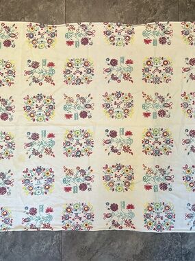 Vintage Floral colorful heavy linen tablecloth chickens / birds primary colors